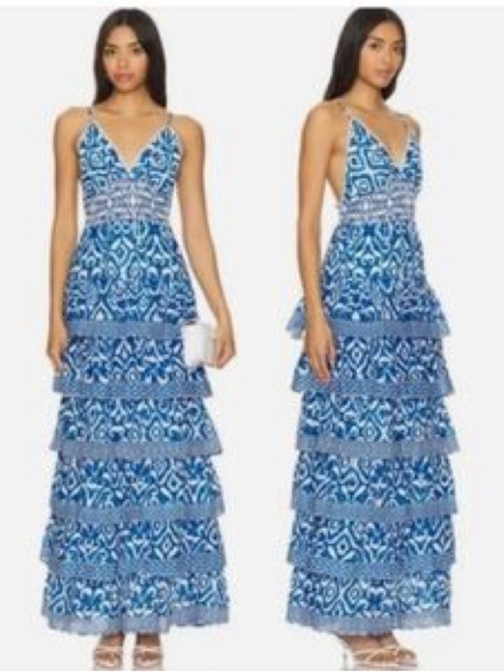 Caroline Constas / Blue and White Geometric Ikat Maxi Dress